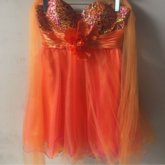 Unique Vintage Let’s Fashion Orange/Pink Sequin Sweetheart Bust Dress Size S EUC - Picture 10 of 11
